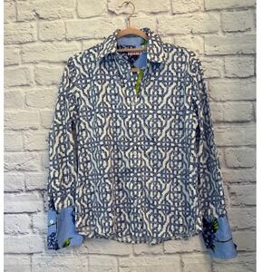 Tizzie Button-Down Top Blue White Geometric Print Long Sleeve XS